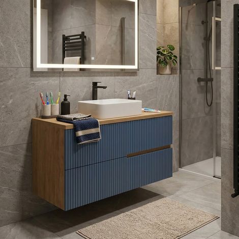 Meuble vasque à poser L.100cm suspendu Chêne naturel 2 tiroirs Bleu Mer cannelé EVA - sans colonne (1/5)