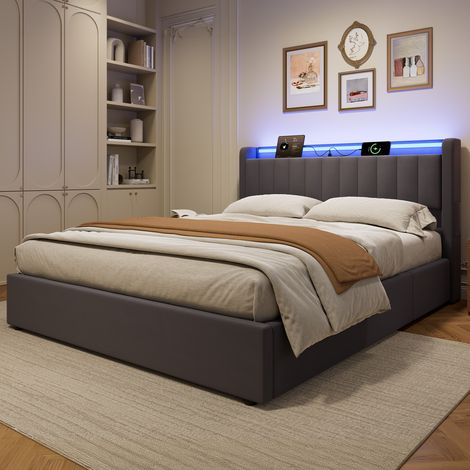 Lit 2 places 160x200 cm, velours gris foncé, rangement caché, port USB, éclairage LED, cadre métallique renforcé (1/5)