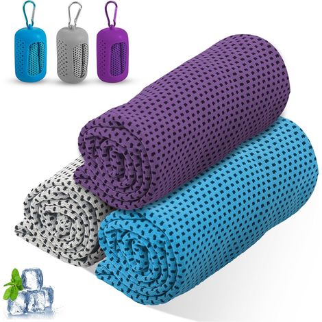 Serviette rafraîchissante en microfibre, 3 pièces avec housses silicone, pour sport, fitness, course, randonnée et voyage. (1/5)