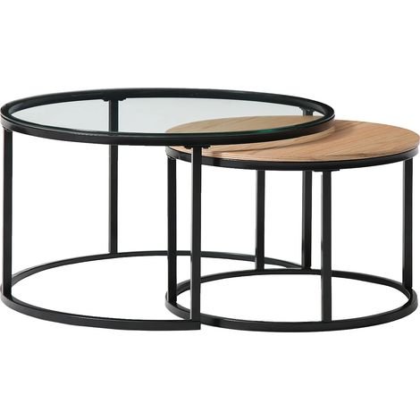 Tables basses gigognes placage chêne, verre trempé et métal noir - Transparent et Naturel - REMINA (1/5)
