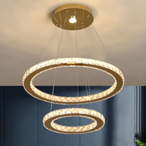 Lustre LED double anneau cristal inox doré, 41W, 50x30cm, télécommande (1/5)