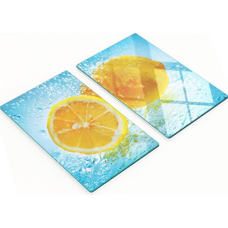Tablas de servir de cristal para cocina con dibujos de limones y agua, 2 x 30 x 52 cm.