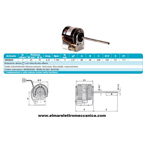 ELCO 3RGM 25-20/2 Motore 75 W MONOALBERO 3 Velocità aspiratore Fan Coil