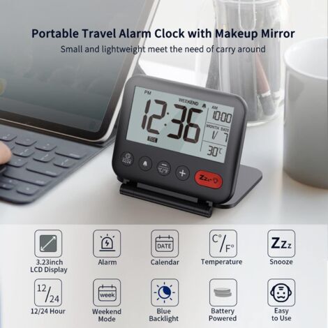 Sveglia da Viaggio, Mini Orologio Digitale LCD con Calendario, Temperatura 12/24h, Specchio per Trucco, Portatile a Batteria (1/4)