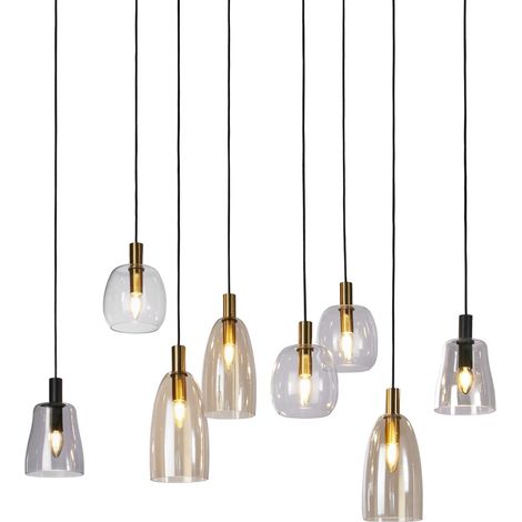 Suspension Multi Drop DIVINE 8L -noir mat, laiton satiné, verres panachés ambrés fumés E14 8x60w Max Longueur 120cm, Haut 1m40 (1/4)