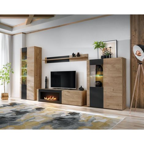 Ensemble meuble TV mural Aron avec cheminée bioéthanol et vitrine LED - Bois MDF noir mat et chêne Ribbeck - 320 x 192 x 45 cm - Livraison gratuite (1/5)