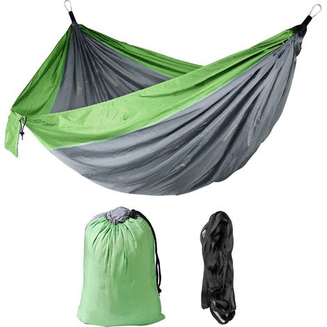 Hamac double de voyage pour camping avec sangle d'arbre + clair Gris Vert (1/5)