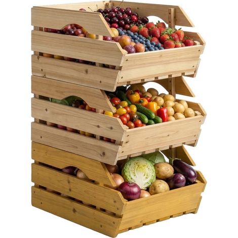 Support de Corbeille à Fruits en Bois de Sapin à 3 Étages Amovibles. pour Fruits et Légumes. 27x37.5 x 60 cm. Naturel