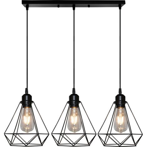 3 Lampes Suspension Luminaire Industrielle Métal Lustre Suspension Style Cage Géométrique E27 Lampe Suspension Vintage - Noir - Ø 20cm - Support en Barre BLOW (1/5)