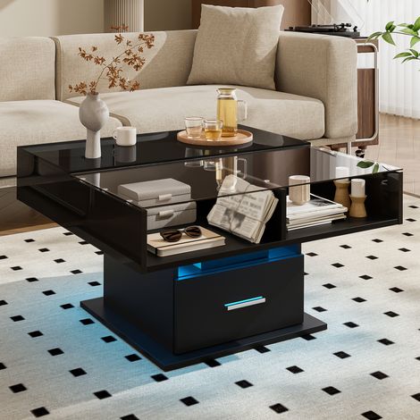 Table basse carrée relevable LED 78x78 cm, hauteur réglable 45,5-59,5 cm, tiroir, niche ouverte, commande par application, noir brillant (1/5)