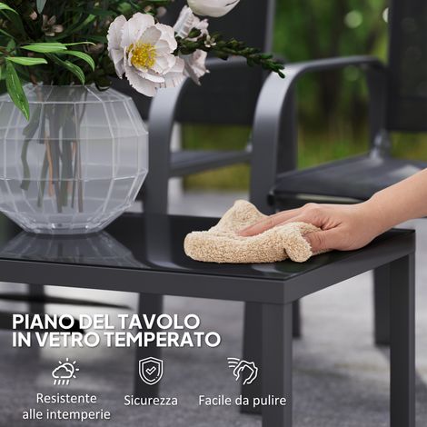 Set de jardin 4 places : canapé à dossier inclinable, table basse et 2 fauteuils, en acier et textilène noir. (1/5)