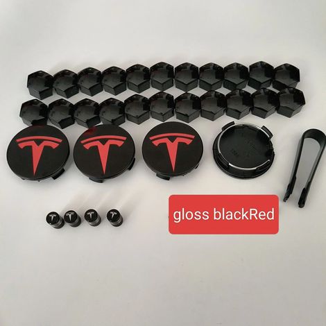(29 Noir brillant rouge, Chine continentale) - 25 pièces (56/57 mm) - Compatible avec Tesla Model 3 Y - Enjoliveurs centraux d'origine - Logo, emblème, accessoires de jantes (1/5)