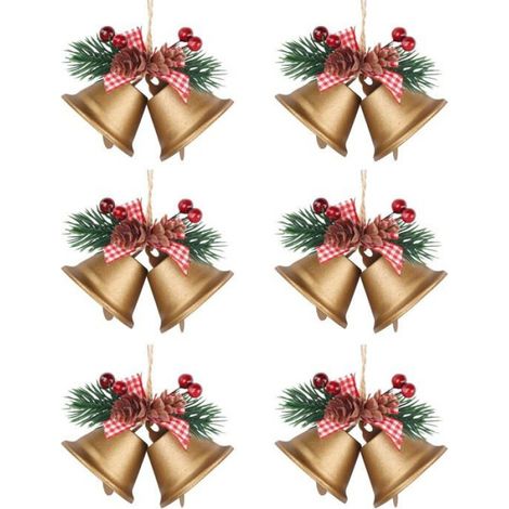 Cloche De Noël - 14 cm - Métal Doré Avec Décor Naturel - Pour Sapin Couronne Porte Fenêtre - Lot De 6 (1/5)