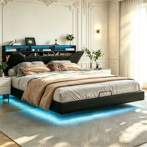Gepolstertes Schwebebett 160 x 200 cm, Doppelbett mit USB-Anschlüssen und LED-Beleuchtung, Stauraum im Kopfteil, Lattenrost, PU, schwarz