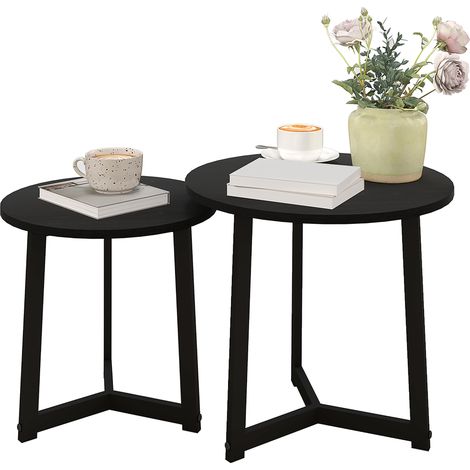 Ensemble de 2 tables basses modernes, structure en métal, MDF, forme ronde, empilables, noires