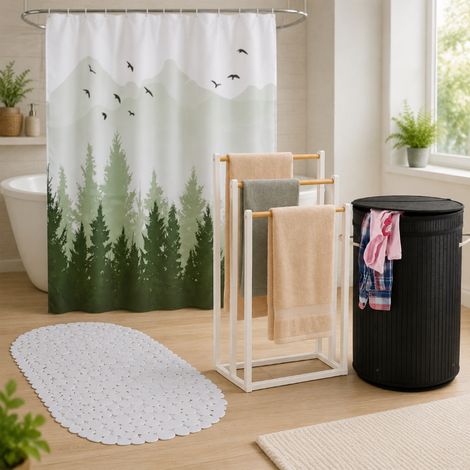 Bamboo Bathroom Refresh Set (4-Piece) – Laundry Basket, Shower Curtain, Bath Mat & Towel Rack (1/5)