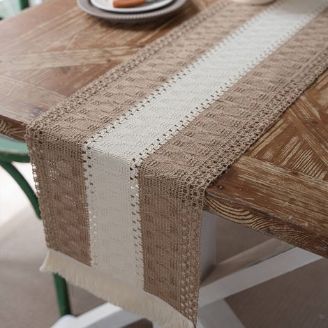 Macramé Chemin de table, Décoration de Table Bohème, Boho Beige avec Glands en Coton Tissé à la Main Rustique de Ferme, 30x140cm (1/5)