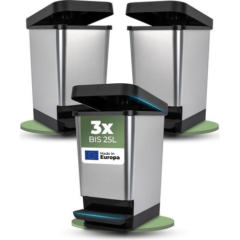 Novaliv 3x Poubelles avec couvercles - Poubelle à pédale 25L - Poubelle robuste avec couvercle et pédale - Poubelle de cuisine anti-odeurs et bien