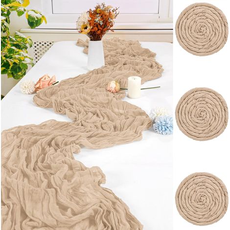 Lot de 3 Chemin de Table Gaze de Coton Beige 90x300 cm, Nappe Mousseline Bohème Froissée avec Bords Cousus, Décoration de Table Rustique pour Mariage, Anniversaire, Baptême et Fête (1/5)