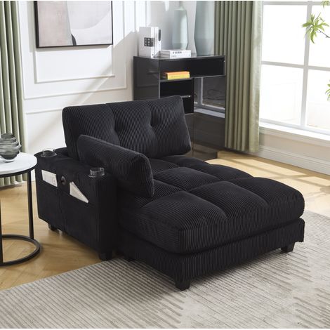 Poltrona reclinabile in corduroy nero con poggiatesta regolabile, USB e portabicchieri (1/5)