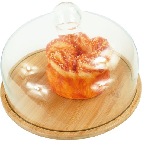 Relaxdays Plat à gâteaux, couvercle en verre, conserve la fraîcheur, HxD : 16x28 cm, cloche à fromage en bambou, naturel (1/5)