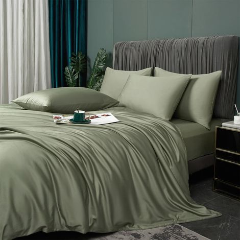 Parure de lit en bambou 155 x 220 cm - Vert sauge - Pour été et hiver - Rafraîchissante - Fibres de bambou Lyocell brillantes - Respirantes - Motif de luxe - Housse de couette simple et taies (1/5)
