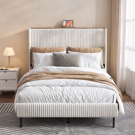Cadre de lit beige Cream en corduroy 211 x 144 x 115 cm (1/5)