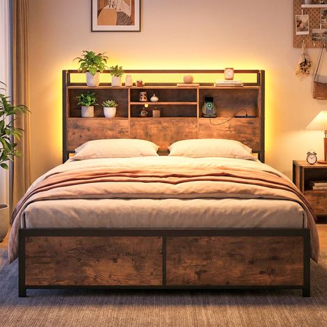 Lit double marron rustique en métal avec éclairage LED RGB, tête de lit avec rangement et station de recharge pour chambre et (1/5)