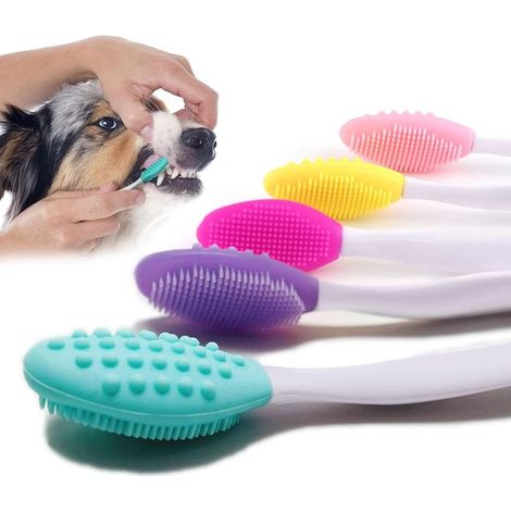 Lot de 5 brosses à Dents pour Chien, Double Face en Silicone Doux avec Manche Long incurvé (1/3)