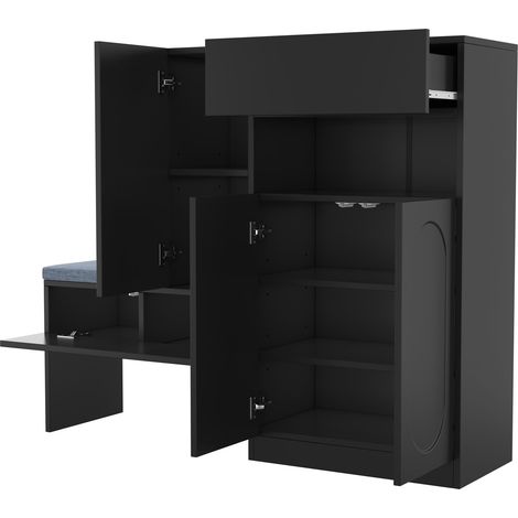 ELVMI Schuhschrank mit 2 Türen, 1 offenem Fach und verstellbaren Einlegeböden, mit Sitzbank, für Flur, aus Spanplatte, 130 × 35 × 110 cm, Schwarz (1/4)