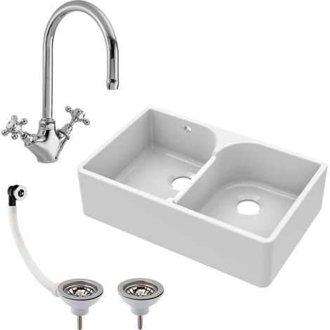 Fireclay Kitchen Sink - 795mm Double Bowl Butler with Stepped Weir, Mixer Tap & Wastes - Traditional Kitchen Design (1/5)