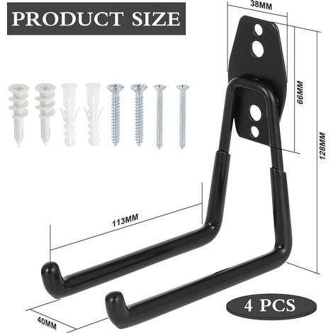 4 pezzi ganci multiuso, gancio doppio in acciaio per garage con rivestimento antiscivolo, gancio portautensili, per utensili elettrici, biciclette, scale (11,3 12,8 cm, nero) (1/4)