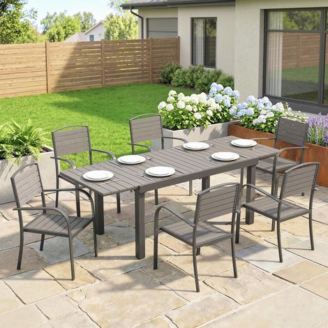 Ensemble de mobilier de jardin, salon de jardin 7 pièces, table extensible et 6 chaises, aspect bois, structure à lattes, cadre en aluminium (1/5)