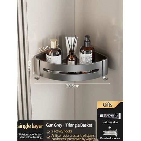 (Triangle gris JS45) Étagère murale en aluminium pour salle de bain, porte-shampoing, rangement et organisateur de cuisine : installation sans perçage. (1/5)