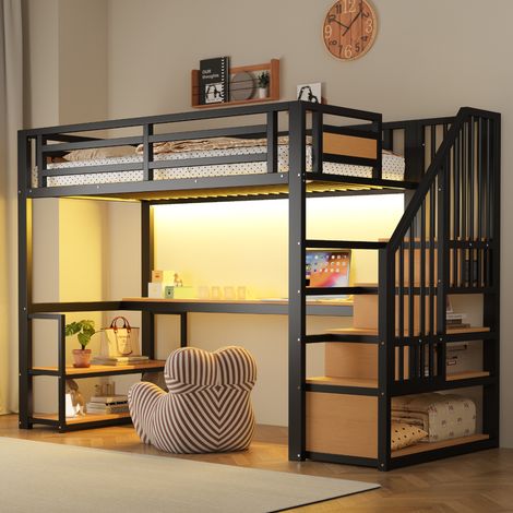 Letto a soppalco 90x200 cm in metallo nero con scrivania salvaspazio, senza materasso – MEUBLIV (1/5)