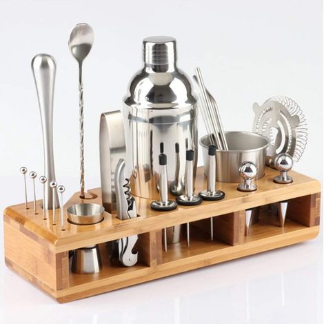 MINKUROW Coctelera De Acero Inoxidable De 23 Piezas Con Elegante Soporte De Bambú Y Libro De Recetas De Cócteles, Herramienta De Barra Profesional Para Mezclar Bebidas En Casa, Bar, Fiesta (1/5)