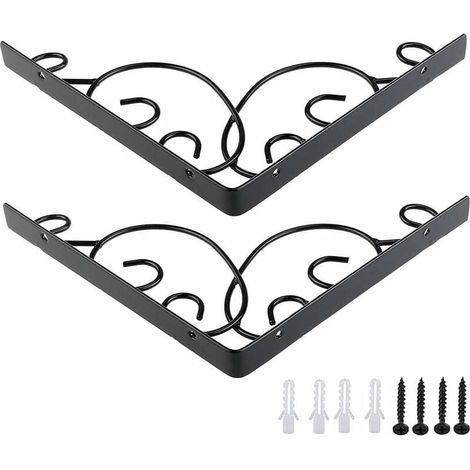 Equerre D'étagere en Fer Forgé, 2 Pièces Équerres pour Étagère de Jardin, Équerre pour Étagere Murale en Fer, Équerre de Support D'étagère, pour Cuisine Salle de Bain Bureau Restaurant (Noir) (1/4)