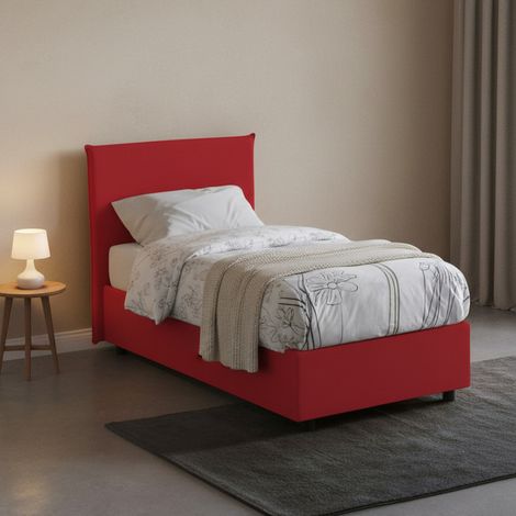 Talamo Italia - Letto singolo Ajan, Letto contenitore con rivestimento in tessuto, 100% Made in Italy, Apertura frontale, adatto per materasso Cm 90x190, Rosso (1/4)