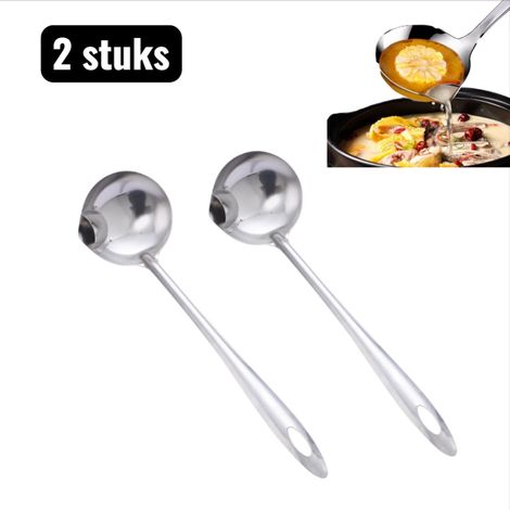 Ensemble de 2 écumoires à huile en acier inoxydable, cuillères à long manche avec passoire pour séparer l’huile et le bouillon, accessoires de cuisine pour soupes fritures et préparation des aliments, (1/5)