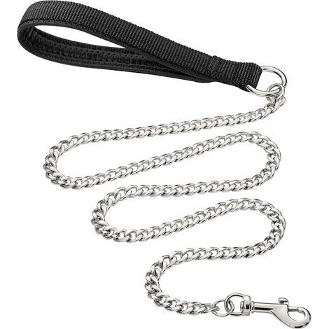 1 - Laisse Chien - Chaîne Métal - Résistante Mastication - Poignée Rembourrée - Pour Chiens Moyens Et Grands - Argent - 180x0,3cm (1/5)
