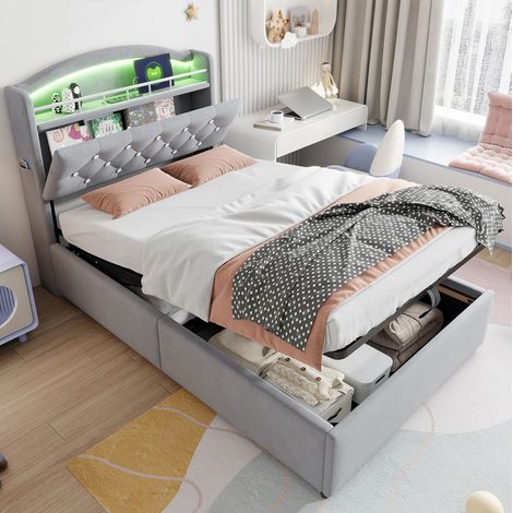Kinderbett mit Stauraum Samt Grau 90x200 cm, mit LED, USB und Metalllattenrost