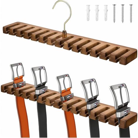 Organisateur de Ceintures, Porte-Ceintures en Bois, Rangement pour Ceintures, Rotatif à 360° avec 14 Fentes pour Ceintures et Cravates, Économise de l'espace dans Le Placard (1/5)