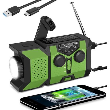 Radio portátil de alarma para condiciones climáticas severas AM/FM de onda corta, batería de 2000 mAh, cargador solar con manivela, linterna LED, batería externa USB, SOS verde. (1/5)