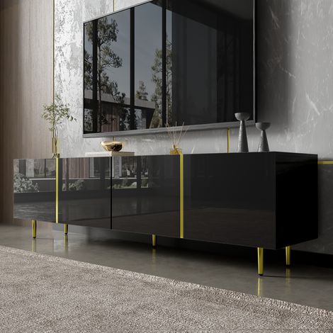 Modernluxe – Meuble TV 170 cm MDF noir – 4 portes avec charnières à fermeture douce – Rangement spacieux pour salon – Assemblage rapide (1/5)