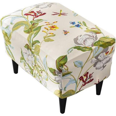 Funda rectangular para otomana - Funda elástica - 1 pieza - Poliéster y elastano - Estampado de flores y hojas (1/5)