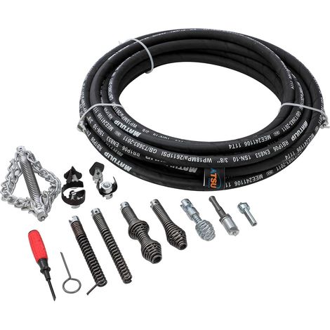 318728 Kit de eliminación de obstrucciones de 8 mm x 5 m para limpieza de desagües: taladro de cable, cortador descalcificador y cadena de desagüe, para fregaderos, inodoros y desatascos de desagües. (1/5)