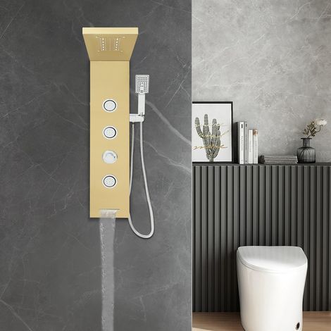 Duschsäule für Badezimmer, Duschpaneel mit LED-Beleuchtung, Wandbrause für den ganzen Körper, Handbrause und Wannenauslauf, extraflache Duschsäule in Gold (1/5)