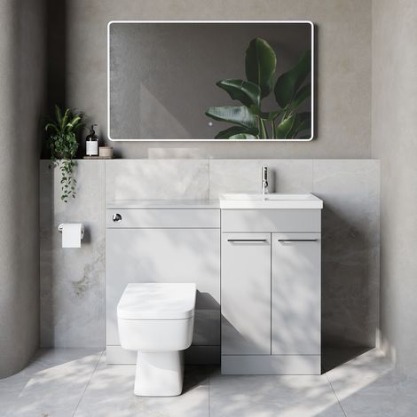 Napoli 390 Cento Gloss Grey Pearl 1100mm 2 Door Vanity Unit Toilet Suite with Glide Basin - 1100mm - Chrome 160mm HandleWith Kingston Toilet Pan and Seat