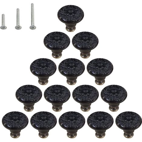 Lot de 15 poignées de commode en céramique brillante style champignon avec 3 vis de montage, noires (1/5)