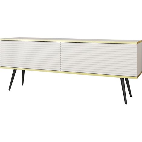 Meuble TV Avec Lamelles Blanc, pieds Noir, 135 × 30 × 52 cm, Push to Open (1/5)